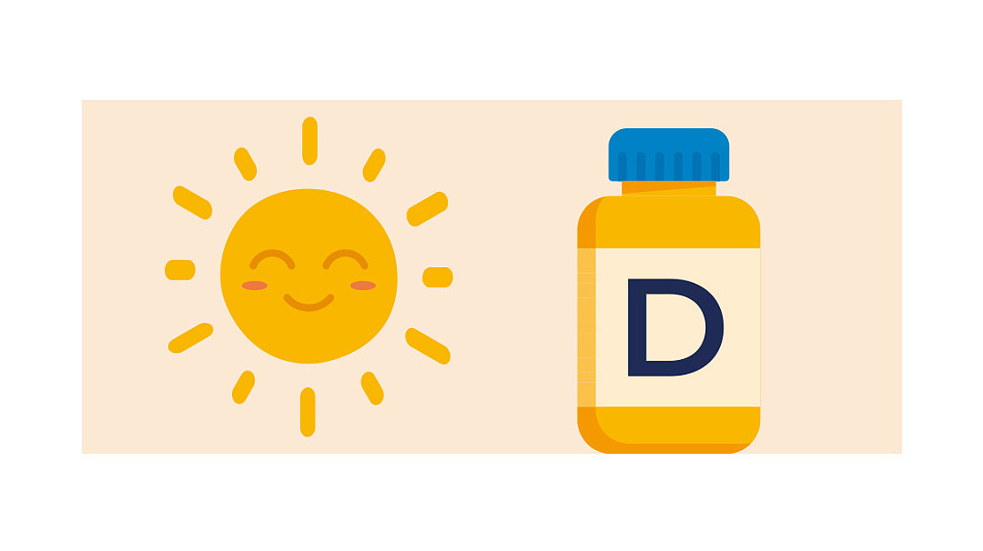 Illustration einer lächelnden Sonne neben einer gelben Flasche mit dem großen Buchstaben "D", der für Vitamin D steht.