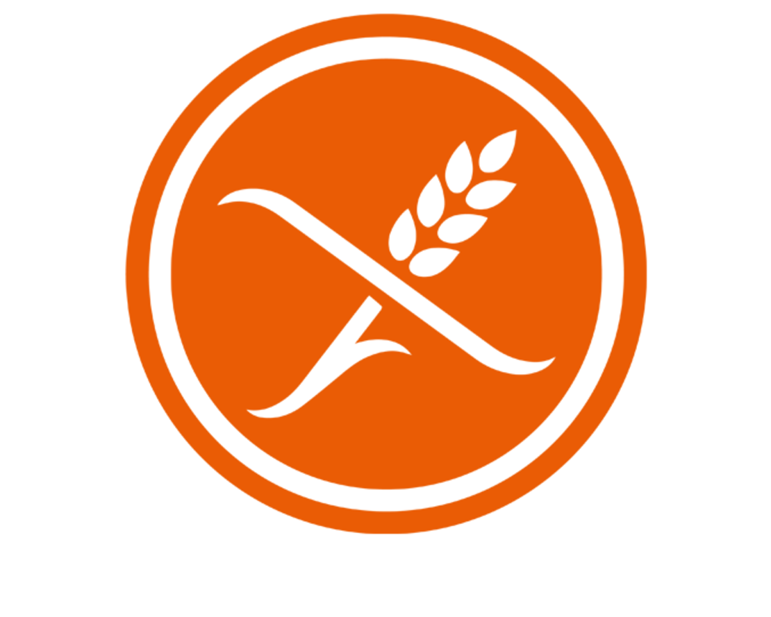 Ein orangefarbener Kreis mit weißem Hintergrund, der einen stilisierten Weizenhalm enthält, der von einer diagonalen Linie gekreuzt wird und ein Symbol für Glutenfreiheit darstellt.