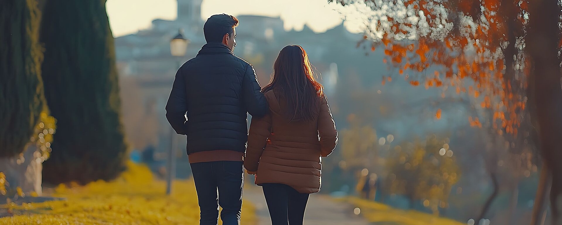 Ein Paar spaziert an einem Herbsttag Hand in Hand einen von Bäumen gesäumten Weg entlang, mit gefallenen Blättern auf dem Gras und sanftem Sonnenlicht im Hintergrund.