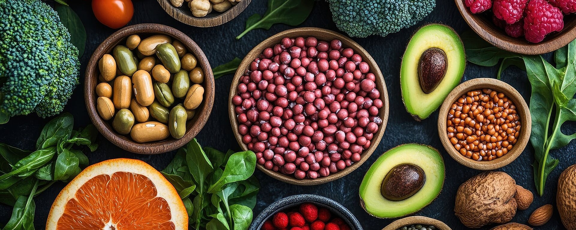 Eine Auswahl gesunder Lebensmittel, darunter Brokkoli, Kirschtomaten, Avocadohälften, Himbeeren, Nüsse, Bohnen, Samen, Blattgemüse und eine Orangenscheibe, präsentiert in Schüsseln und auf einer dunklen Oberfläche.