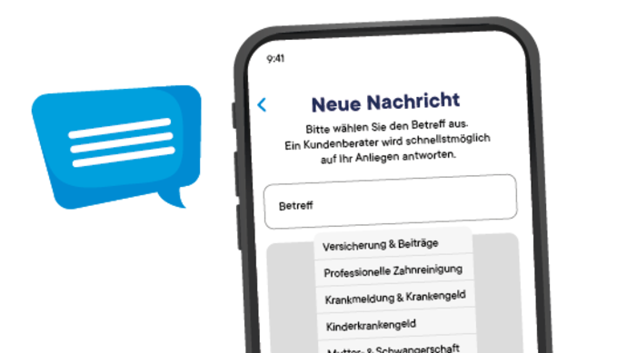 Auf dem Bildschirm eines Smartphones wird eine Nachrichten-App in deutscher Sprache angezeigt, die ein Formular zur Auswahl eines Betreffs für eine neue Nachricht enthält, mit Optionen wie Versicherung, Zahnpflege und medizinische Behandlungen. Neben dem Telefon erscheint ein blaues Chatsymbol.