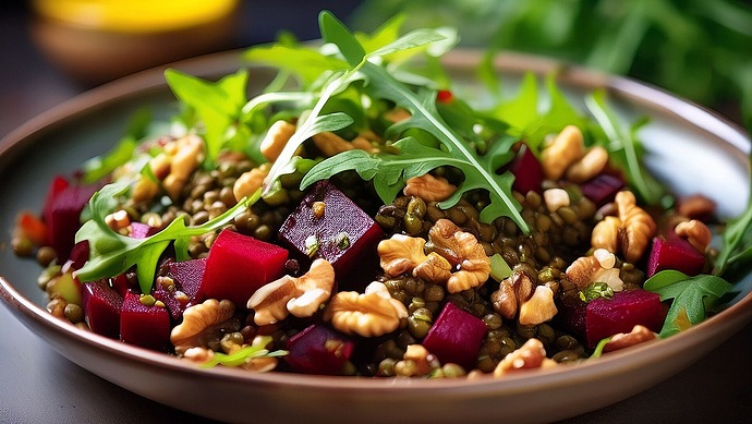 Eine Schüssel Linsensalat mit gewürfelten Rüben, Walnüssen und frischen Rucolablättern, garniert mit Kräutern, serviert auf einem dunklen Teller mit verschwommenem grünem Hintergrund.