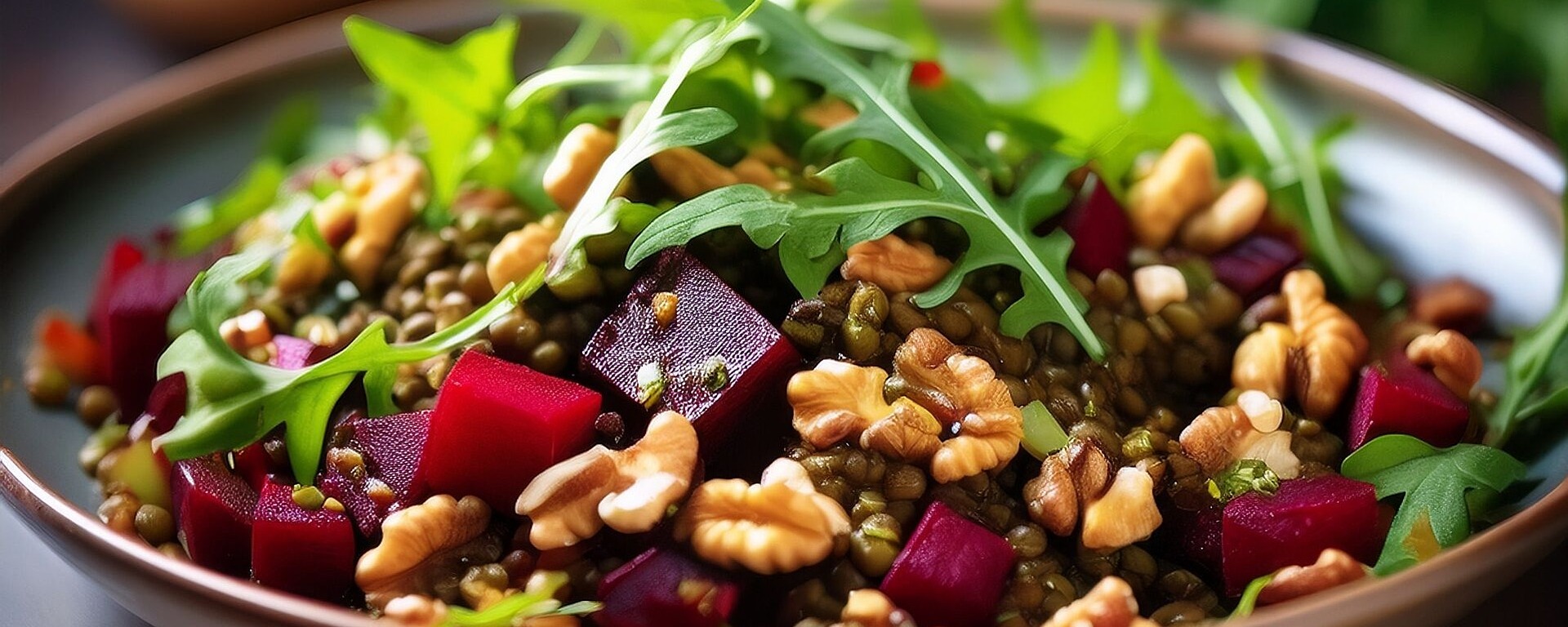 Eine Schüssel Linsensalat mit gewürfelten Rüben, Walnüssen und frischen Rucolablättern, garniert mit Kräutern, serviert auf einem dunklen Teller mit verschwommenem grünem Hintergrund.
