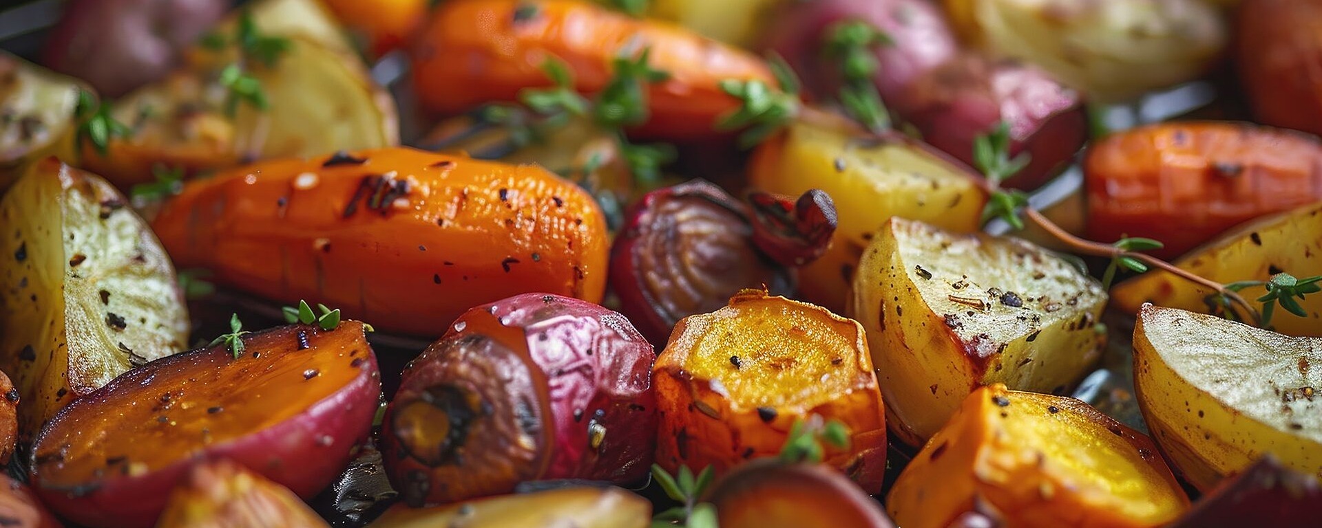 Eine Nahaufnahme von buntem gebratenem Gemüse, darunter orangefarbene Karotten, rote Zwiebeln und Pastinaken. Sie sind mit Kräutern und gemahlenem Pfeffer gewürzt und glänzen leicht. Frischer Thymian ist über das Gemüse gestreut.