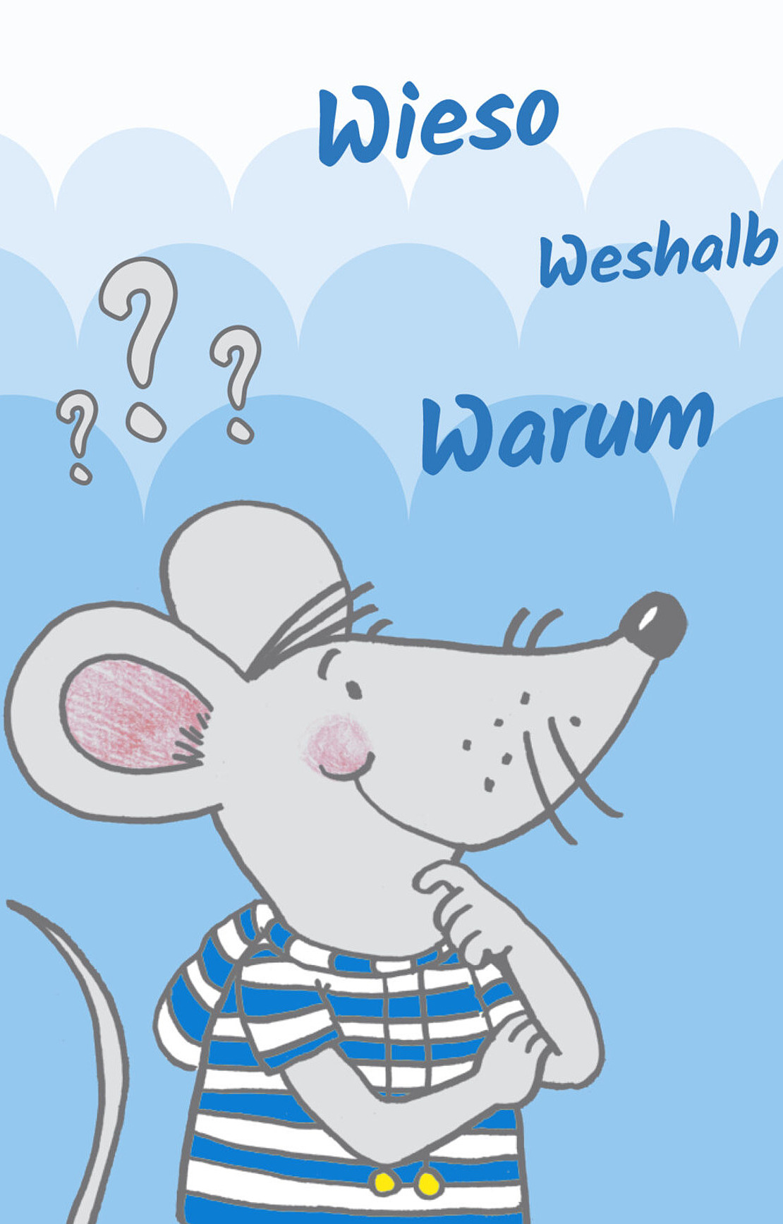 Zeichnung Maskottchen Piet nachdenklich mit Fragezeichen