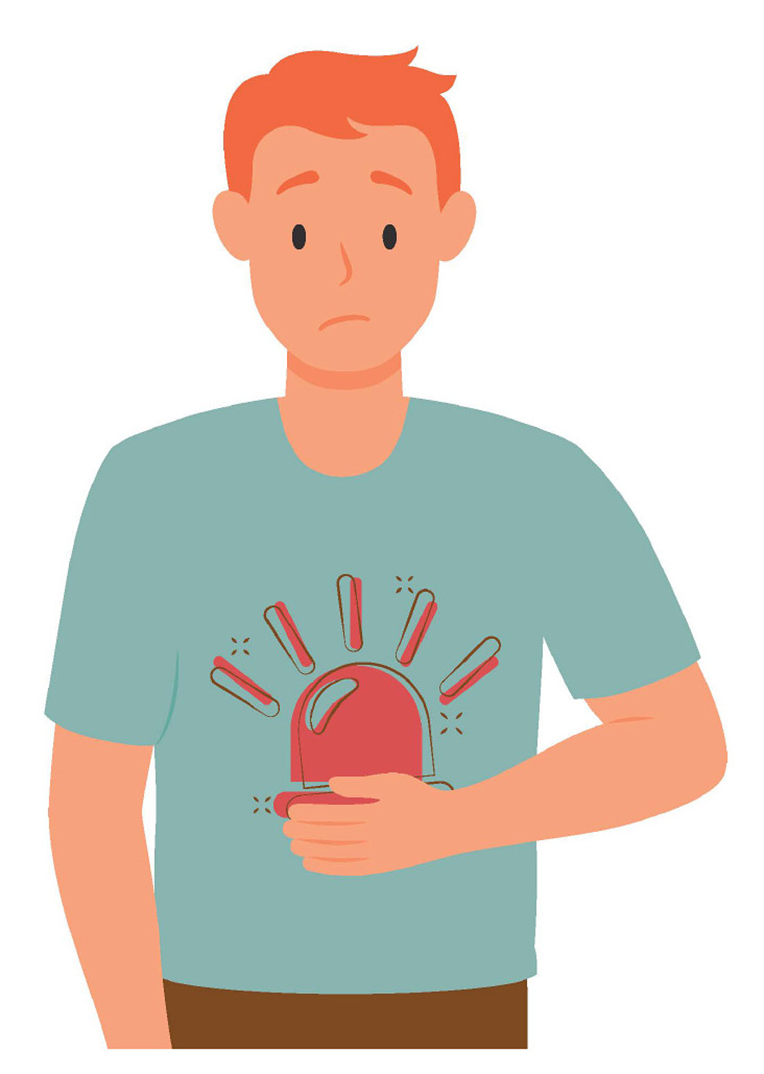 Eine Illustration eines besorgten Mannes mit roten Haaren, der ein grünes Hemd mit einer roten Sirenengrafik darauf trägt. Er hält eine Hand über seinen Bauch.