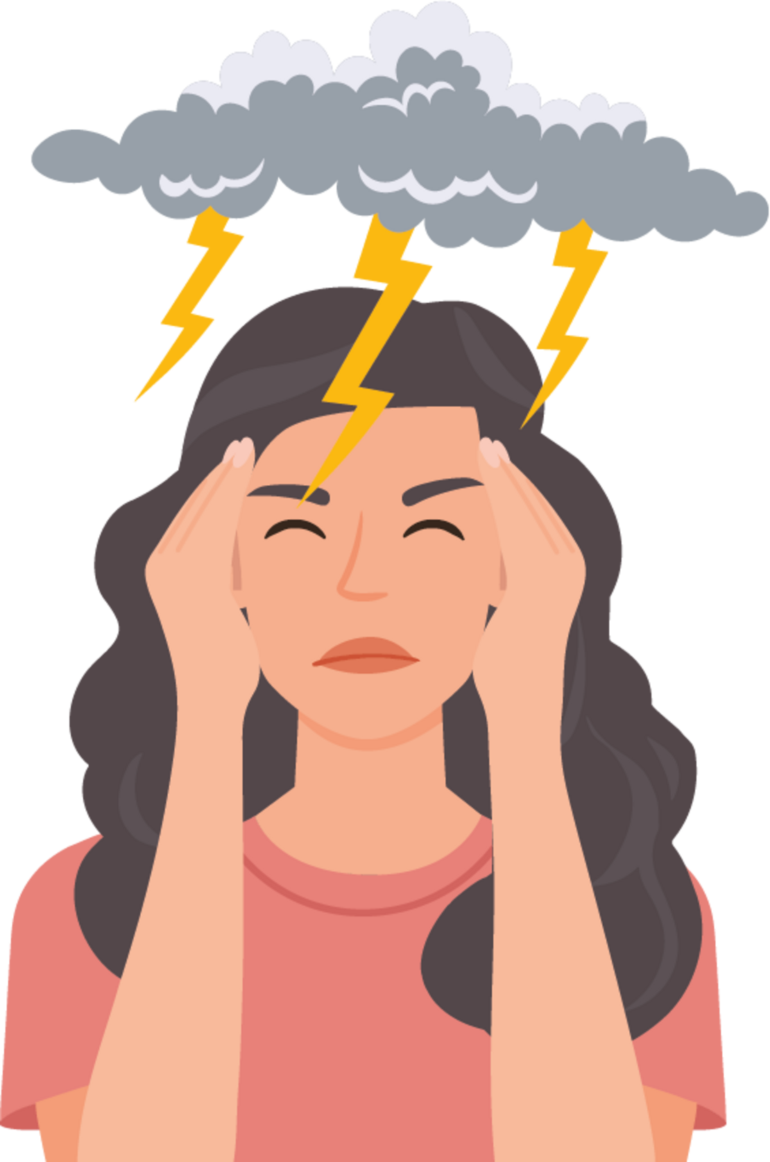 Illustration einer Frau, die sich vor Schmerzen den Kopf hält, die Augen geschlossen, mit Gewitterwolken und Blitzen über ihr, als Symbol für Kopfschmerzen oder Stress.