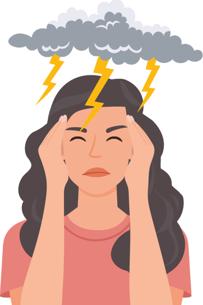 Illustration einer Frau, die sich vor Schmerzen den Kopf hält, die Augen geschlossen, mit Gewitterwolken und Blitzen über ihr, als Symbol für Kopfschmerzen oder Stress.