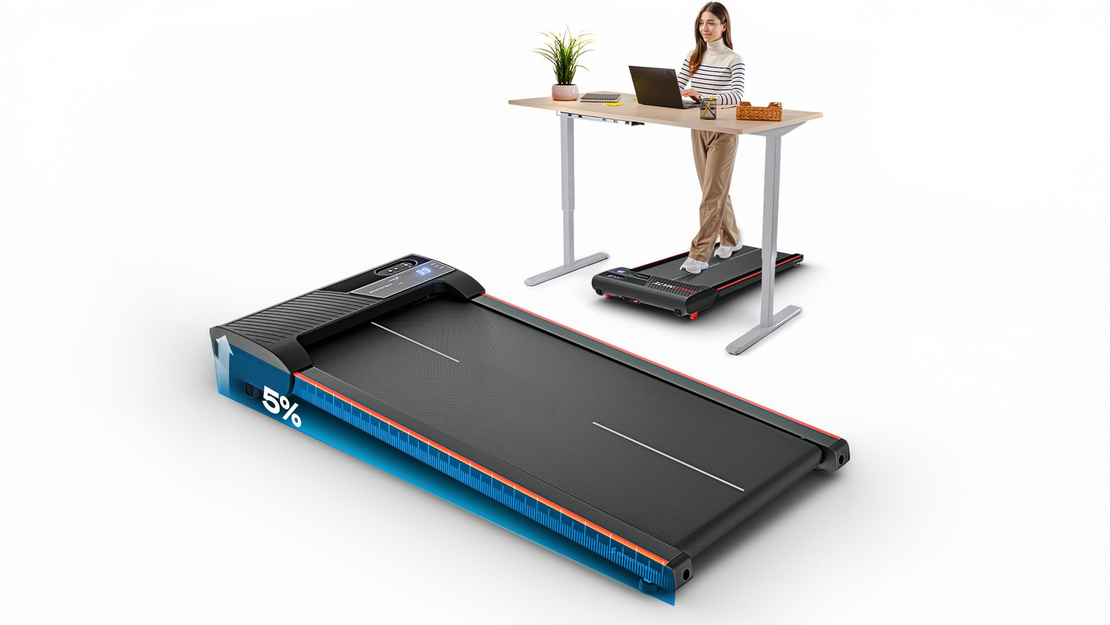 Eine Frau arbeitet an einem Stehpult an ihrem Laptop, während sie auf einem Laufband läuft. Im Vordergrund ist eine Nahaufnahme eines Laufbands zu sehen, auf dem „5 % Steigung“ steht. Der Hintergrund ist weiß und minimalistisch gestaltet.