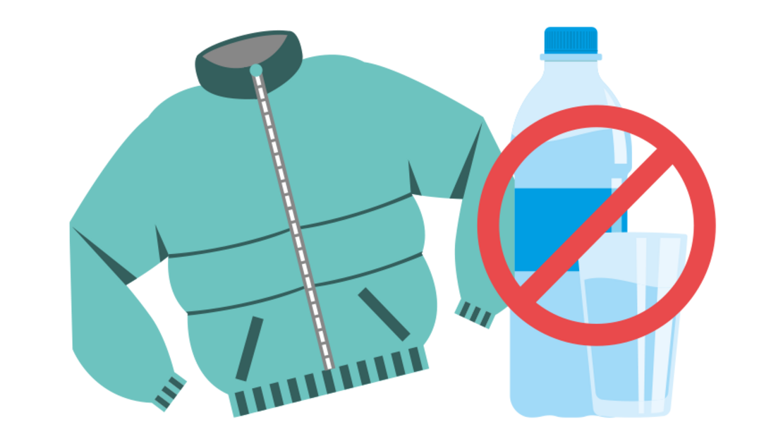 Illustration einer Jacke und einer durchgestrichenen Wasserflasche