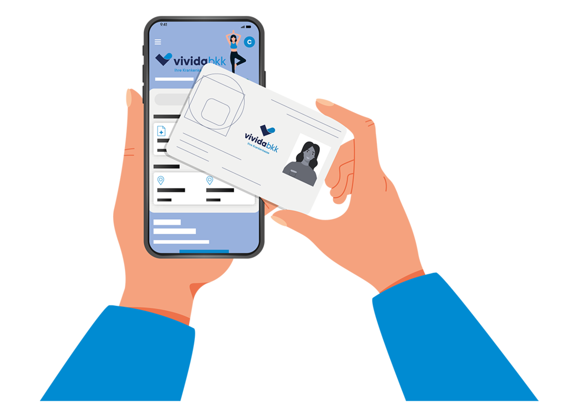 Illustration einer Hand, die ein Smartphone hält, auf dem die Vividhk-App angezeigt wird, und einer anderen Hand, die eine ID-Karte mit dem Vividhk-Logo und einem Profilfoto hält, vor einem blau-weißen Hintergrund.