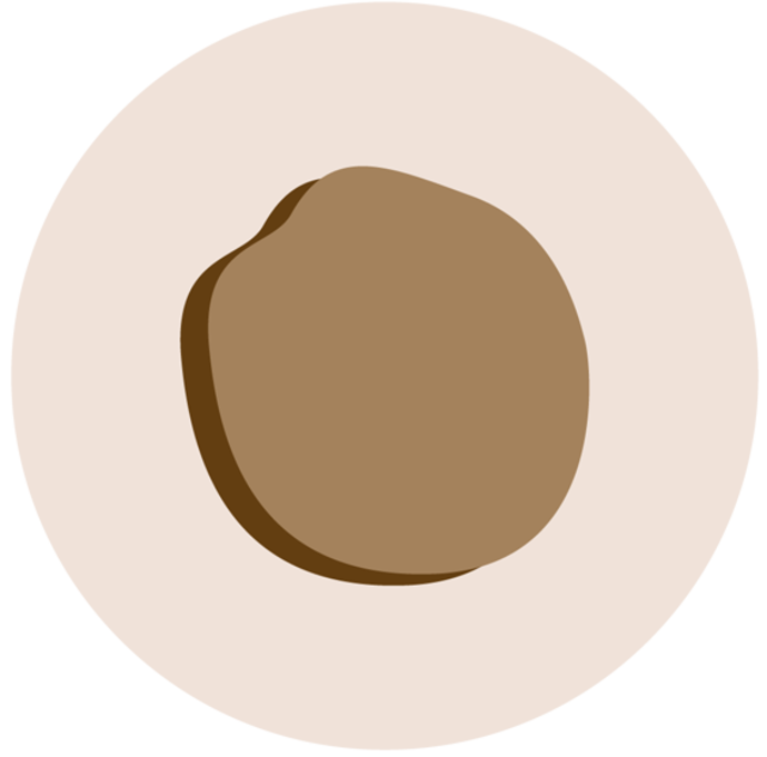 Eine einfache Illustration einer braunen Kartoffel, zentriert auf einem beigen Rechteck, vor einem weißen Hintergrund.