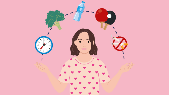 Illustration Frau mit Symbolen für gesundes Leben