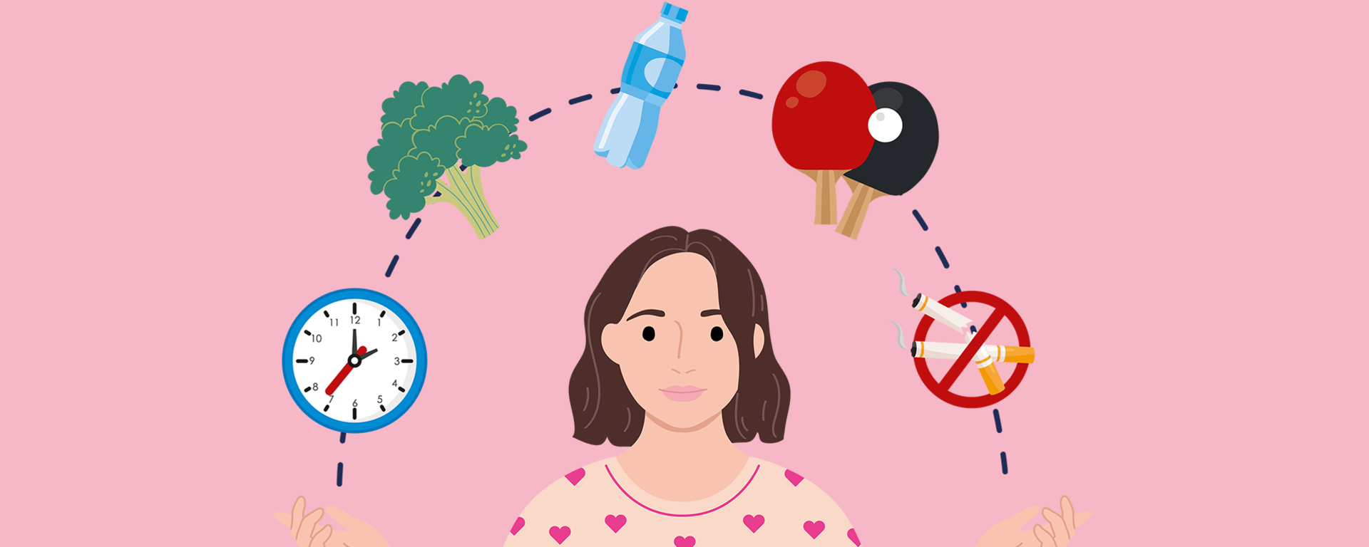 Illustration Frau mit Symbolen für gesundes Leben