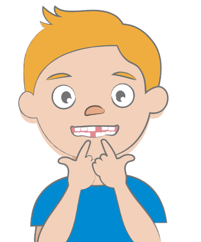 Cartoon eines lächelnden Jungen mit blondem Haar und blauem Hemd, der mit beiden Zeigefingern auf seine fehlenden Vorderzähne zeigt.