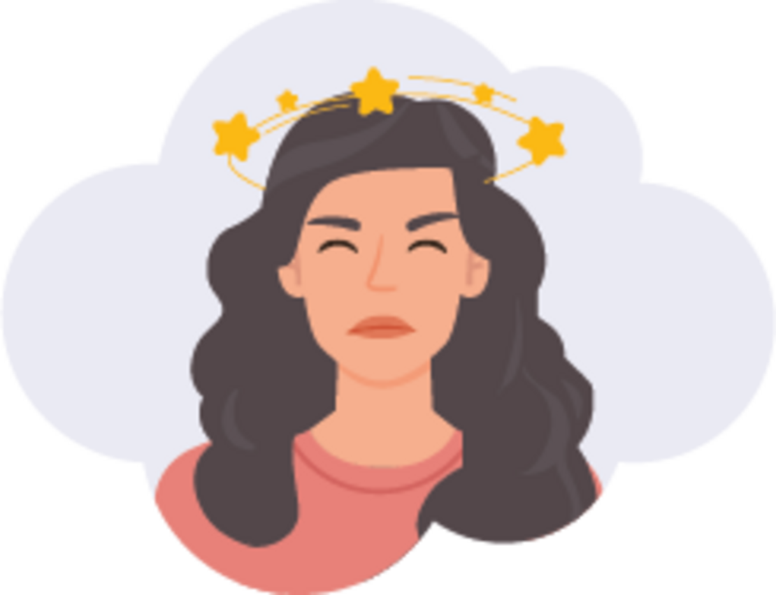 Illustration einer Frau mit langen dunklen Haaren und einem rosafarbenen Hemd, die Augen geschlossen, mit gelben Sternen, die über ihrem Kopf kreisen und Schwindel oder Verwirrung suggerieren, vor einem hellen wolkenartigen Hintergrund.
