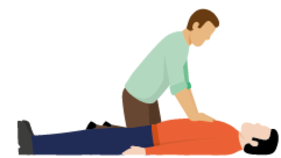 Illustration einer Person, die bei einer anderen, flach liegenden Person eine Herzdruckmassage durchführt, zur Demonstration der Ersten Hilfe bei der HLW.