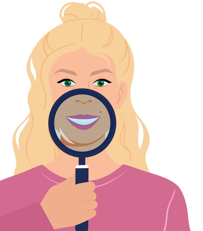 Illustration einer Frau mit langen blonden Haaren, die ein Vergrößerungsglas vor den Mund hält, wodurch ihr Lächeln größer erscheint. Sie trägt ein rosa Oberteil und hat grüne Augen.