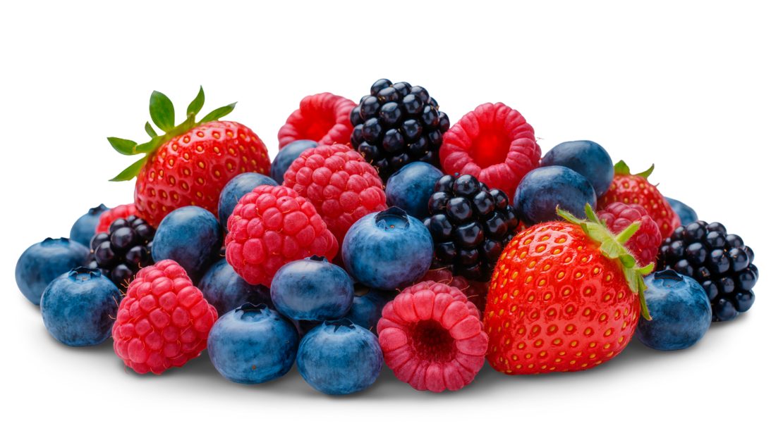 Ein Haufen frischer gemischter Beeren, darunter Erdbeeren, Blaubeeren, Himbeeren und Brombeeren, auf einem weißen Hintergrund.