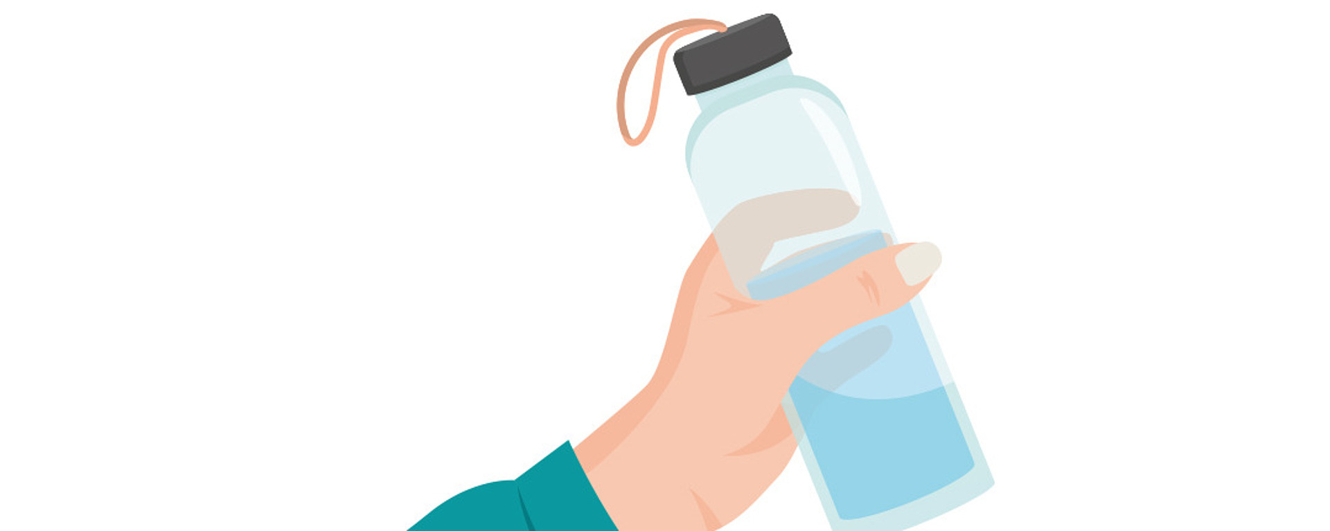 Illustration einer Hand, die eine transparente Wasserflasche mit grauem Deckel und Schlaufenband hält. Die Flasche ist teilweise mit hellblauer Flüssigkeit gefüllt, und die Person trägt einen blaugrünen Ärmel.