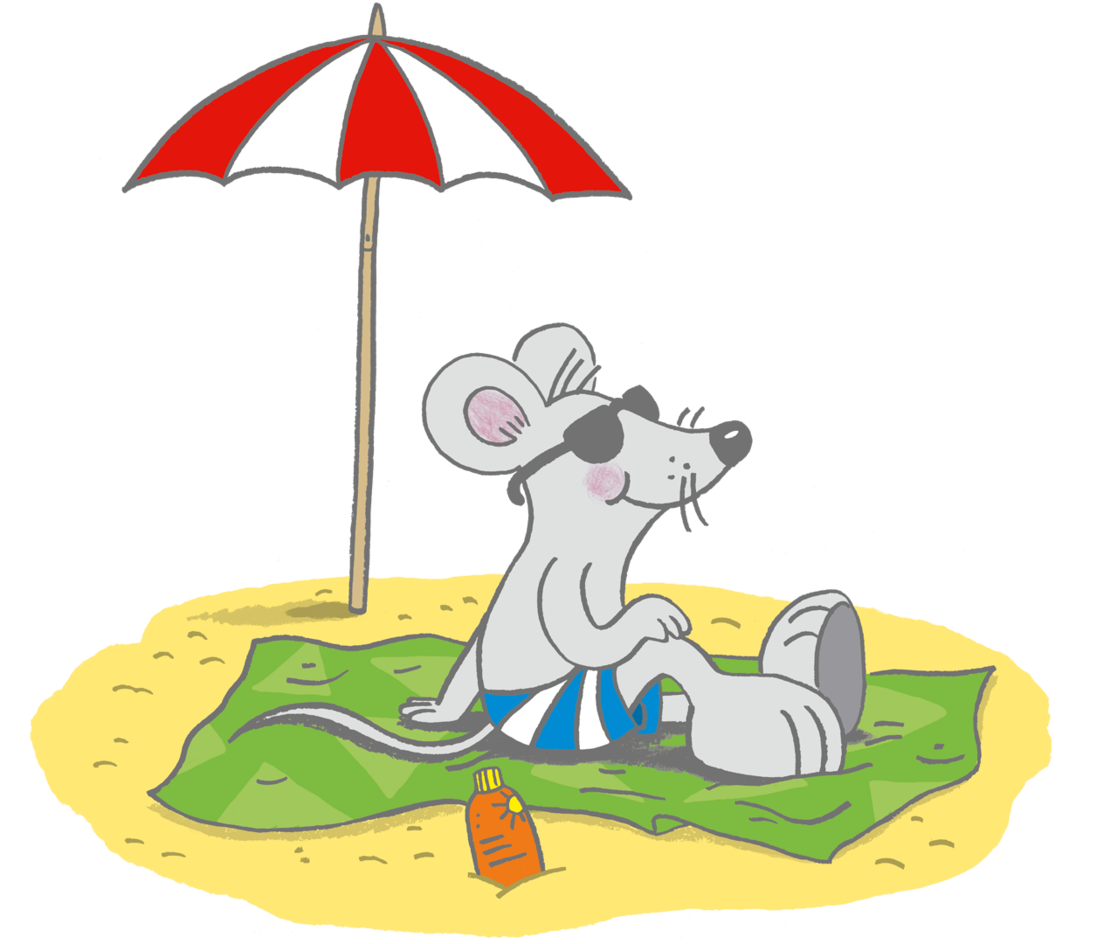 Zeichnung Maskottchen Piet unter einem Sonnenschirm