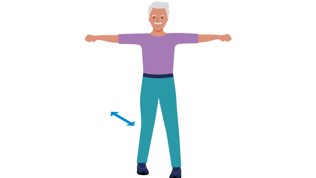 Eine abgebildete Person mit grauen Haaren, lila Hemd und blauer Hose lächelt mit erhobenen Armen, während sie zwischen zwei großen, erhobenen Armen steht.