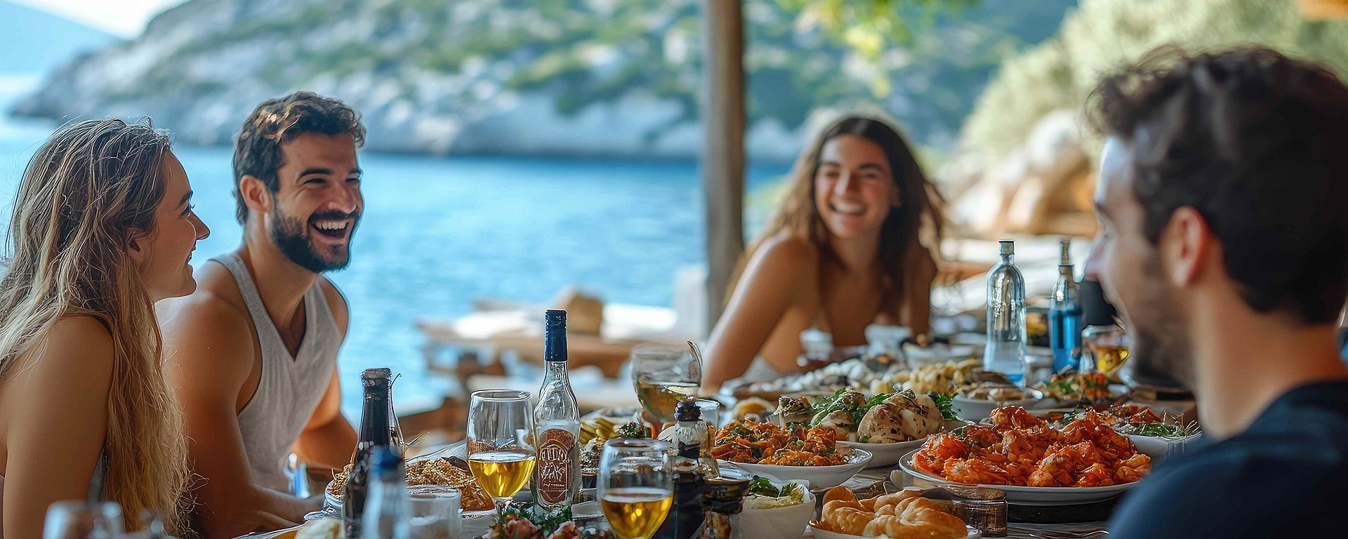Vier Personen sitzen um einen Tisch im Freien am Wasser, lachen und genießen eine große Mahlzeit mit verschiedenen Speisen und Getränken an einem sonnigen Tag. Im Hintergrund sind üppiges Grün und Hügel zu sehen.