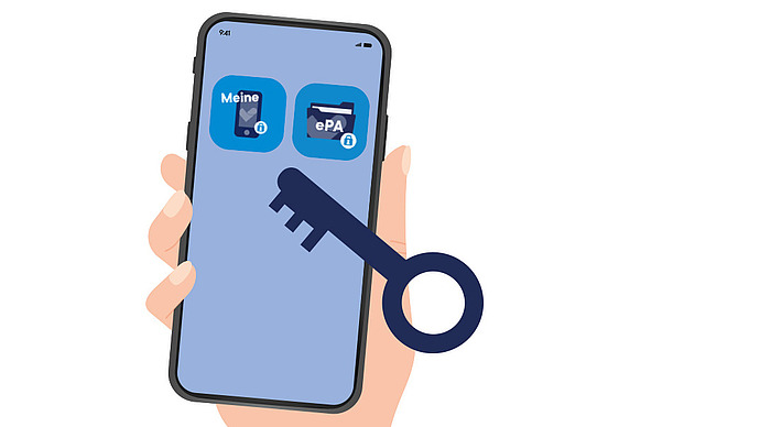 Illustration einer Hand, die ein Smartphone mit Sicherheitsapplikationssymbolen auf dem Bildschirm hält, und eines großen Schlüssels, der das Telefon überlappt, als Symbol für digitalen Zugang oder mobile Sicherheit.