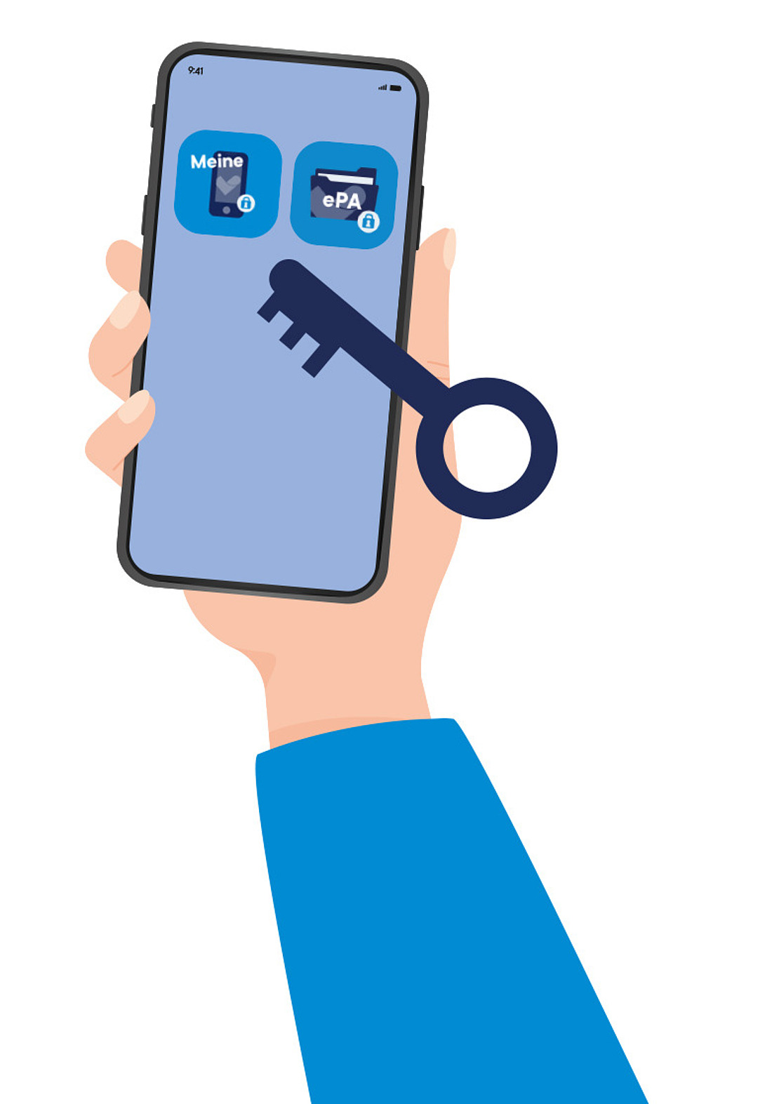 Illustration einer Hand, die ein Smartphone mit Sicherheitsapplikationssymbolen auf dem Bildschirm hält, und eines großen Schlüssels, der das Telefon überlappt, als Symbol für digitalen Zugang oder mobile Sicherheit.