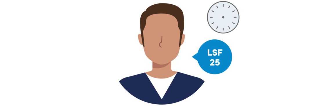 Illustration einer gesichtslosen Person mit kurzen braunen Haaren, einer Uhr, die 2:00 zeigt, und dem Text "LSF 25" auf blauem Hintergrund.