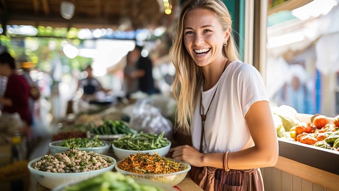 Eine lächelnde Frau steht an einem Marktstand im Freien mit Schalen mit frischem Gemüse und Salaten auf der Theke, während das Sonnenlicht hereinströmt und die Leute im Hintergrund stöbern.