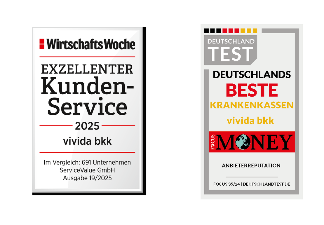 Auszeichnungen für Versicherungen, die den besten Kundenservice und die beste Krankenversicherung auszeichnen, jeweils von verschiedenen Publikationen: WirtschaftsWoche und Focus Money.