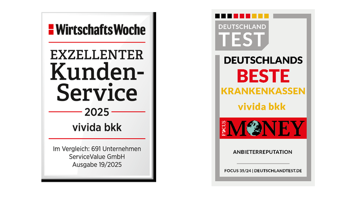 Logos von Auszeichnungen für Versicherungen, die den besten Kundenservice und die beste Krankenversicherung auszeichnen, jeweils von verschiedenen Publikationen: WirtschaftsWoche und Focus Money.