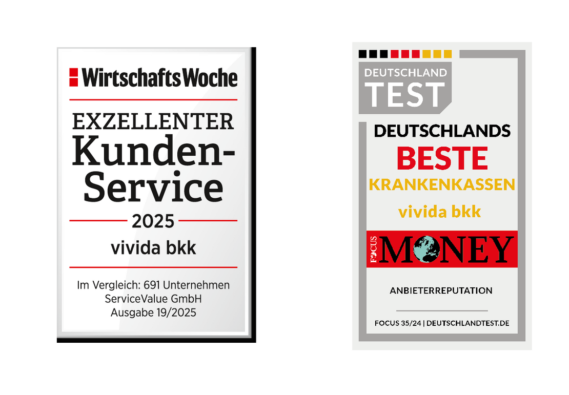 Auszeichnungen für Versicherungen, die den besten Kundenservice und die beste Krankenversicherung auszeichnen, jeweils von verschiedenen Publikationen: WirtschaftsWoche und Focus Money.