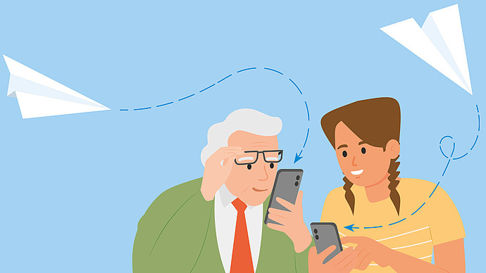 Illustration: Ein älterer Mann und eine junge Frau schauen gemeinsam lächelnd auf ihre Smartphones. Um sie herum fliegen Papierflieger, die Kommunikation oder Informationsaustausch suggerieren. Der Hintergrund ist hellblau.