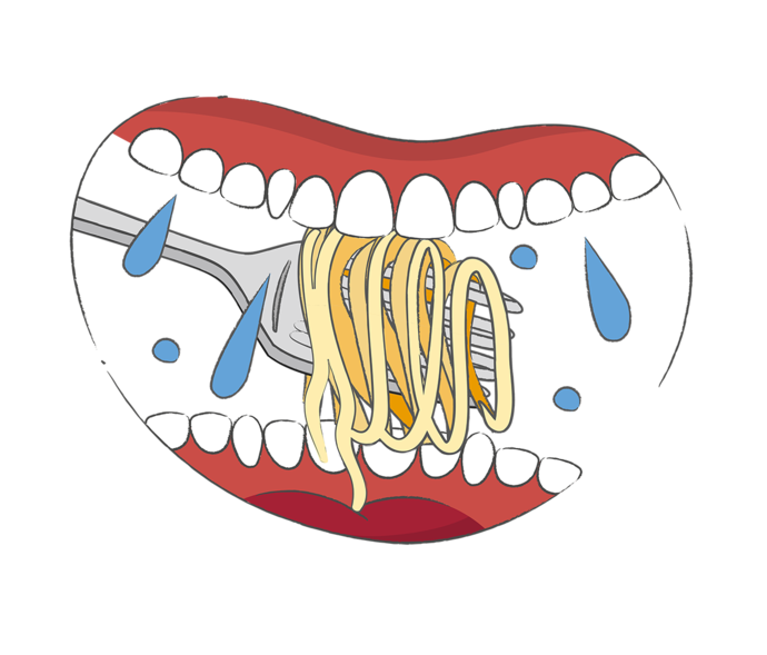 Eine Illustration eines offenen Mundes mit einer Gabel voll Spaghetti darin. Blaue Tropfenformen sind um den Mund herum verstreut, die an Spritzer oder Tropfen erinnern.