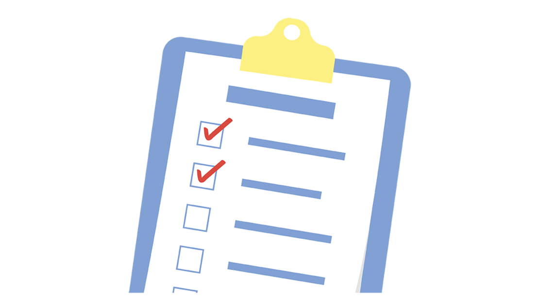 Illustration einer Checkliste auf einem Klemmbrett, bei der zwei von sechs Kästchen mit roten Häkchen markiert sind. Der Hintergrund ist blau.