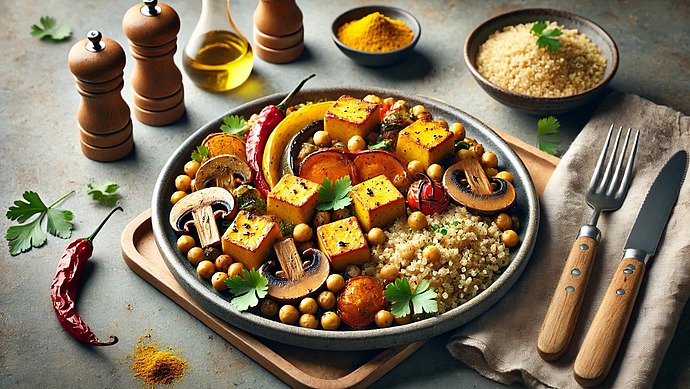 Ein Teller mit geröstetem Kürbis, Gemüse, Kichererbsen und Quinoa ist mit Petersilie garniert. Um den Teller herum stehen drei Pfeffermühlen, eine Chilischote, eine Schüssel mit Quinoa, Olivenöl und eine kleine Schale mit Kurkuma.