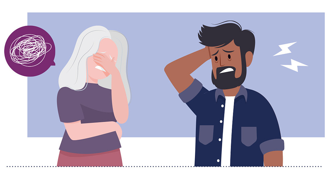 Illustration einer Frau mit frustriertem Gesichtsausdruck, die neben einem besorgten Mann steht. Symbole die Verwirrung oder Stress ausdrücken.