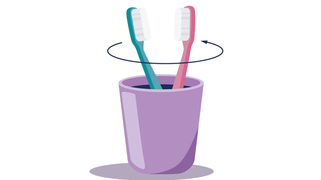 Zwei Zahnbürsten, eine blaugrüne und eine rosa, stehen in einem lila Becher. Über ihnen kreist ein Pfeil, der andeutet, dass sie gedreht oder ausgetauscht werden. Der Hintergrund ist weiß.