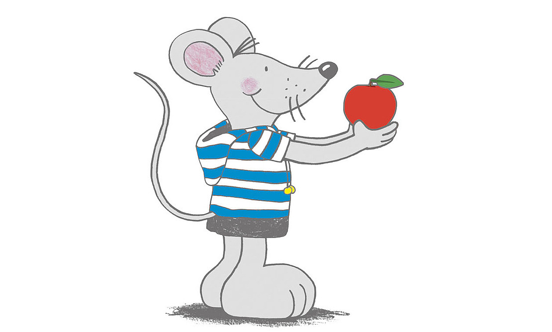 Maskottchen Piet mit einem Apfel